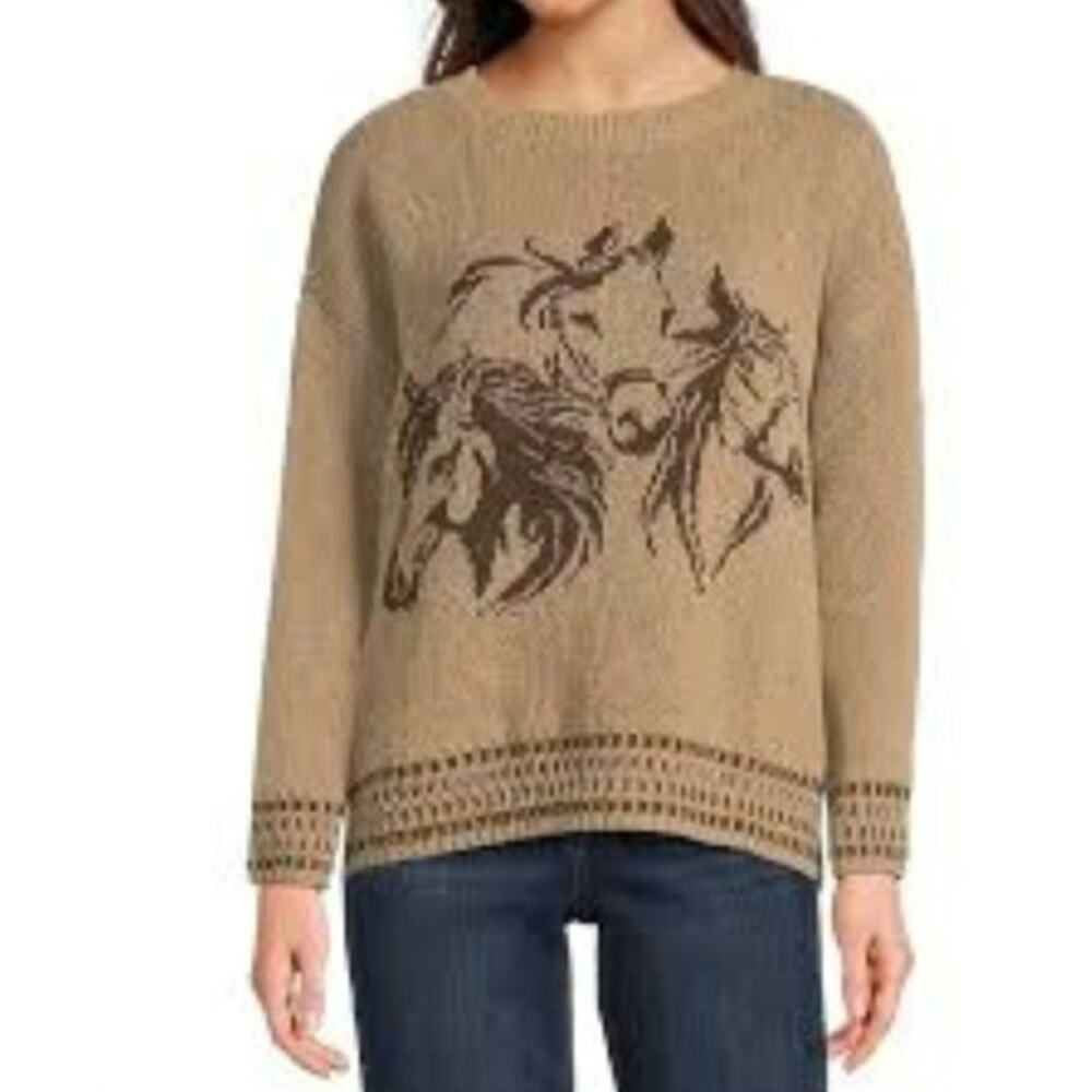 NWT Blu Pepper Horse Knit Sweater L Oversized Western Boho Equestrian Flecked